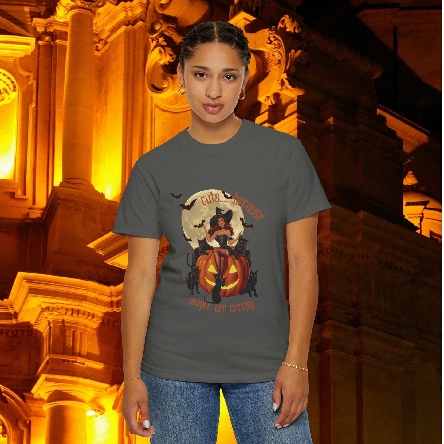 Witchy T-shirt with Cats Because People Are Creepy Phrase