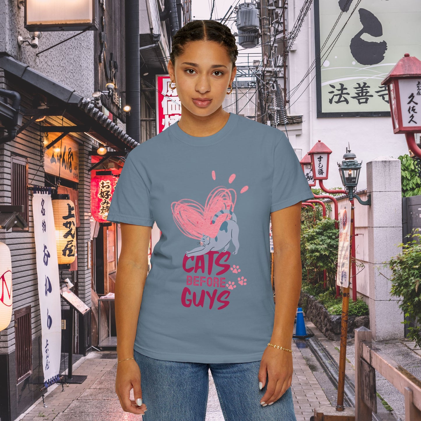Cats Before Guys T-Shirt — Cute Heart & Playful Cat Graphic Tee