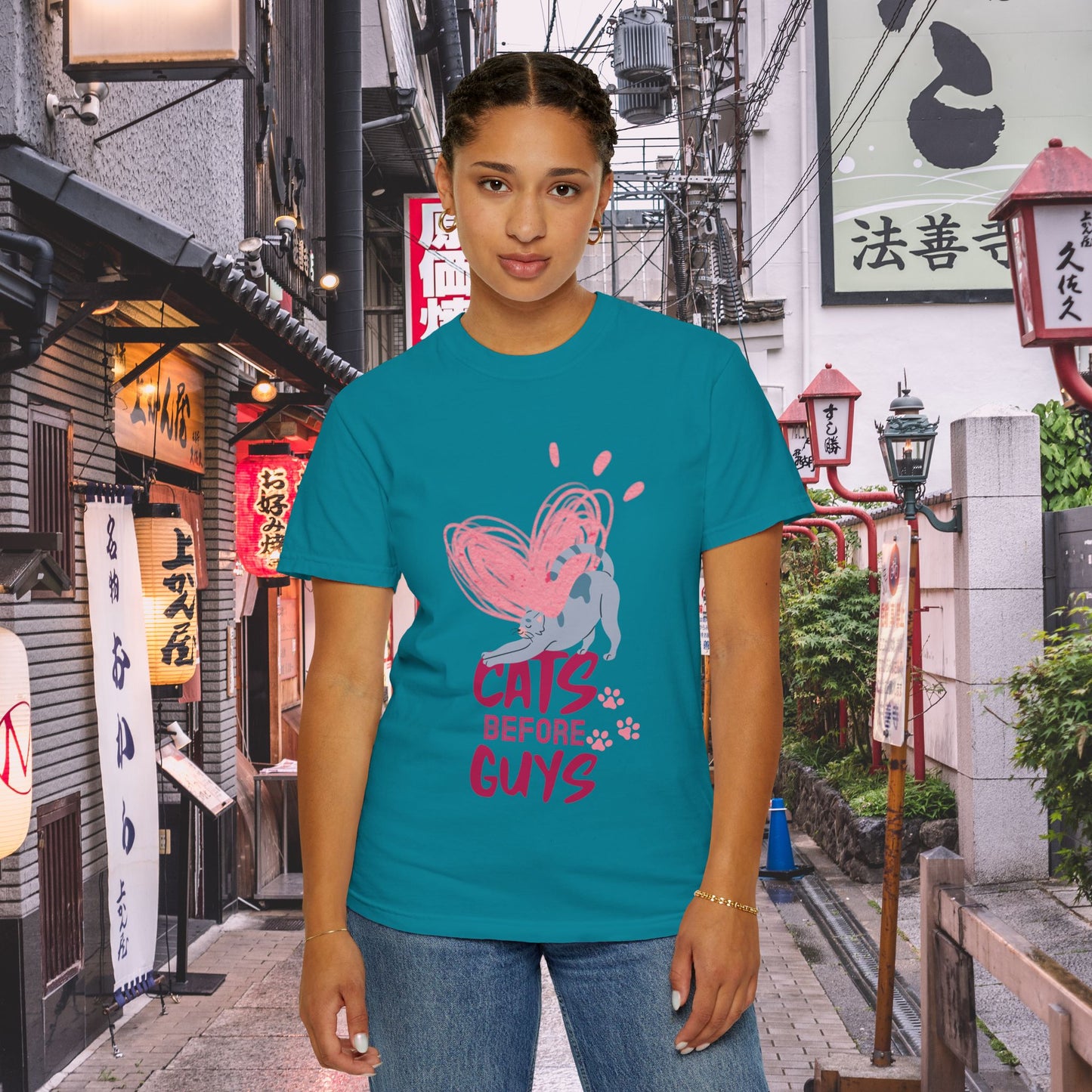 Cats Before Guys T-Shirt — Cute Heart & Playful Cat Graphic Tee