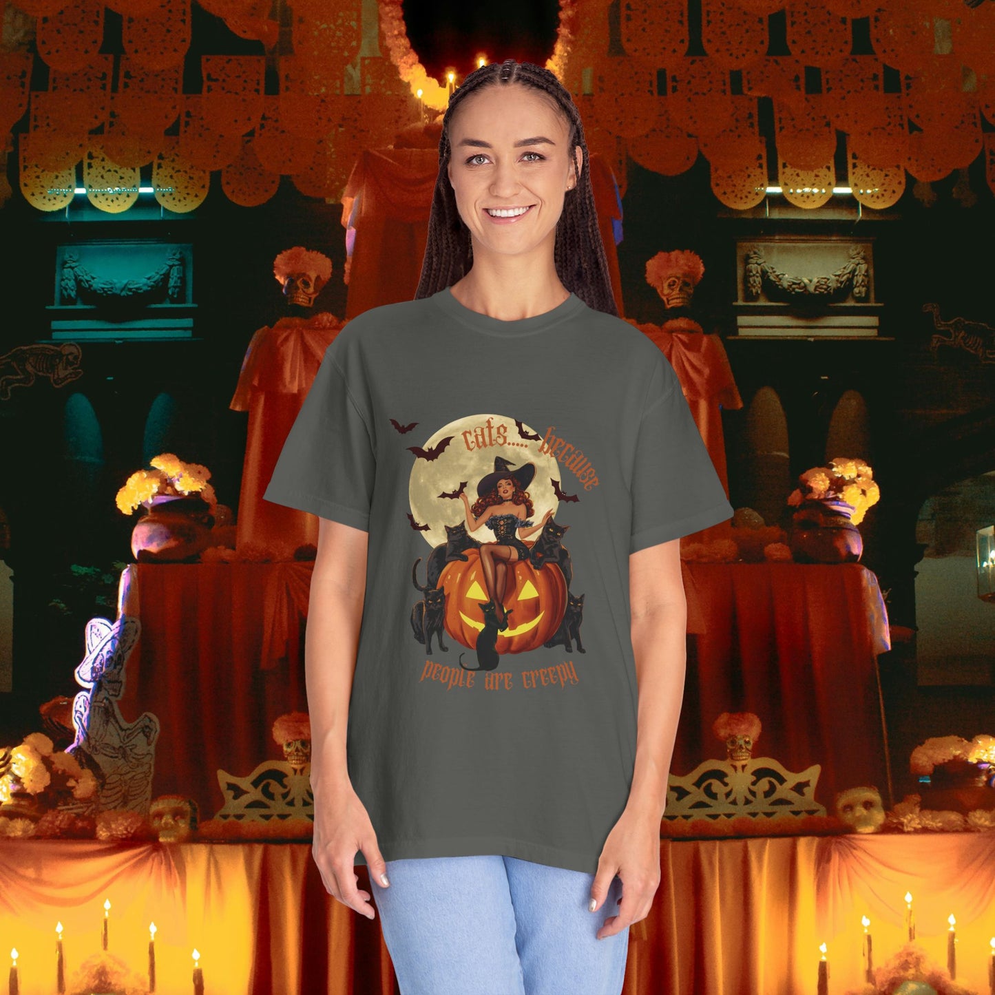 Witchy T-shirt with Cats Because People Are Creepy Phrase