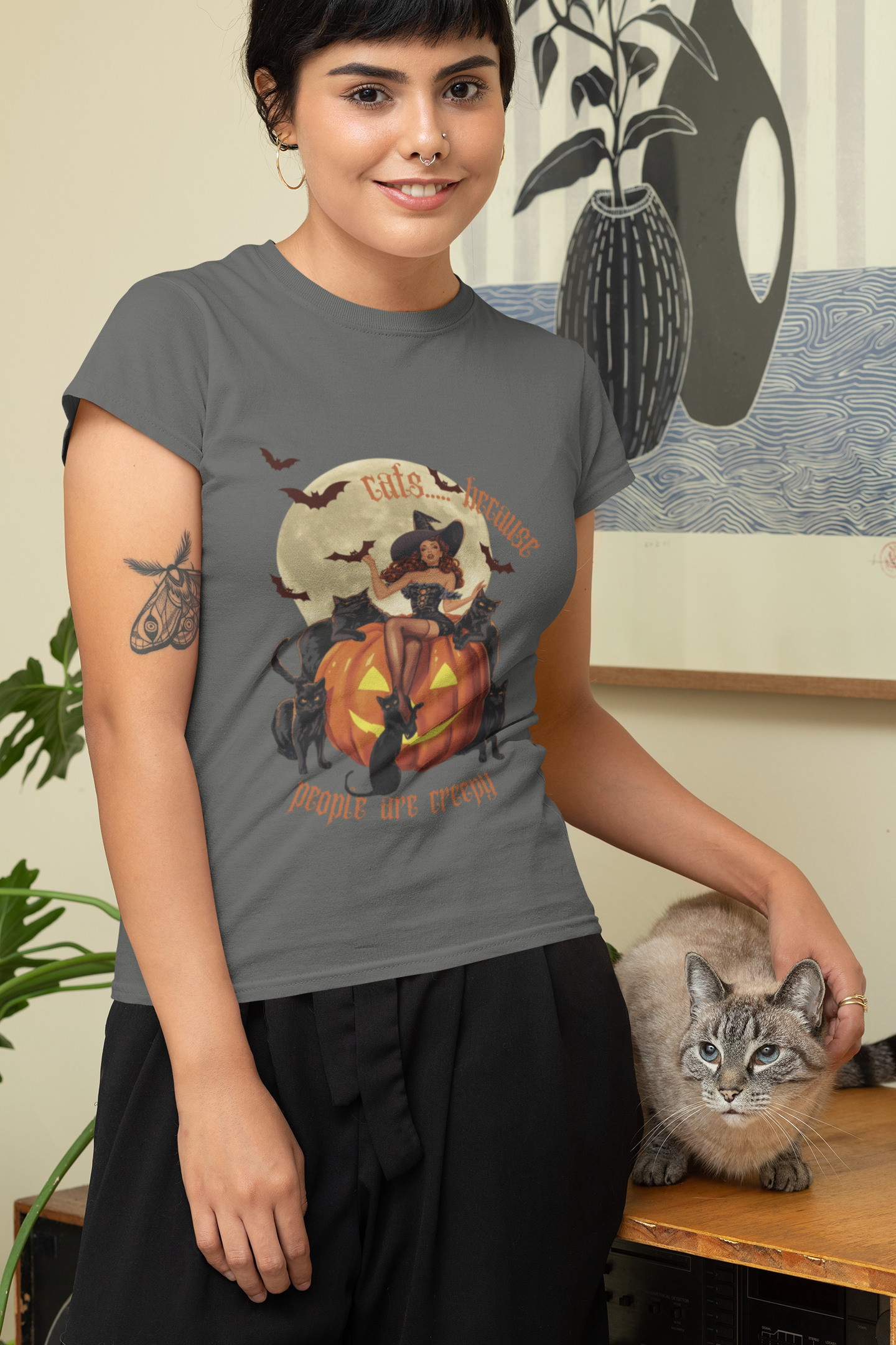 Witchy T-shirt with Cats Because People Are Creepy Phrase