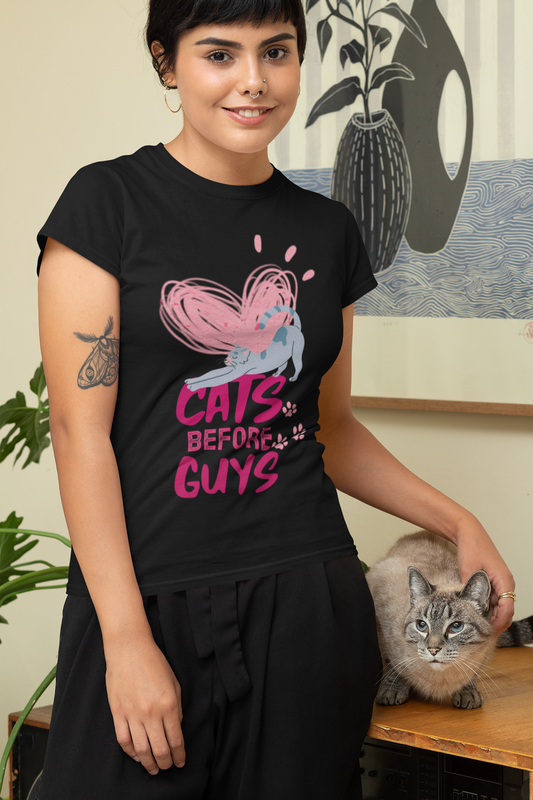 Cats Before Guys T-Shirt — Cute Heart & Playful Cat Graphic Tee