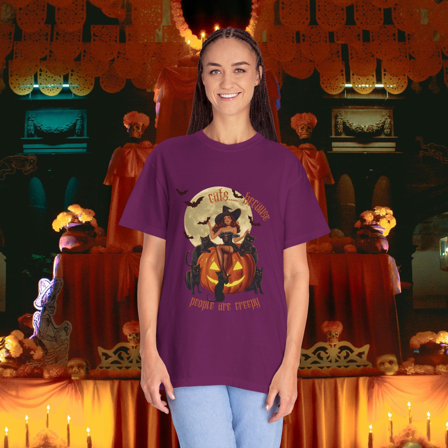 Witchy T-shirt with Cats Because People Are Creepy Phrase