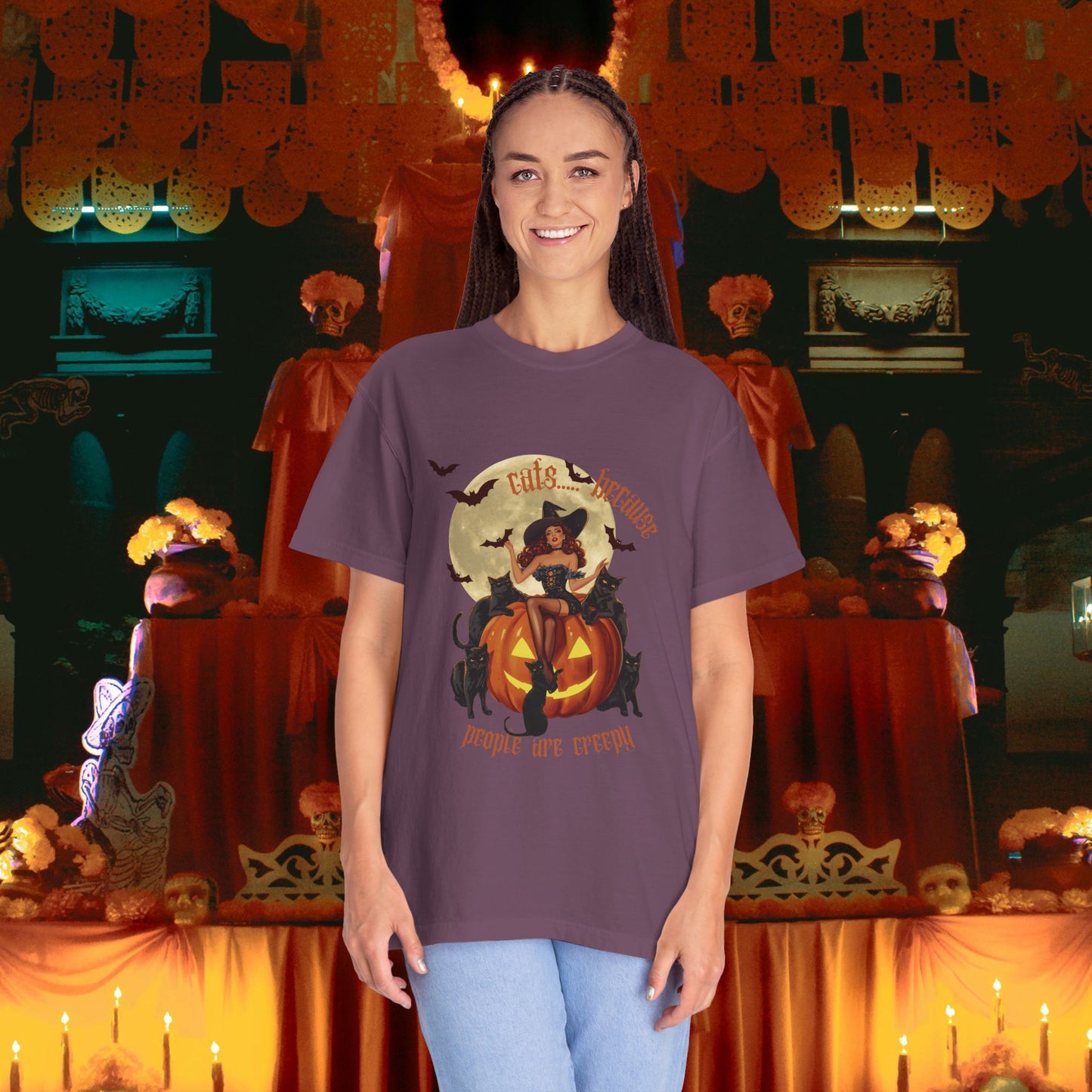 Witchy T-shirt with Cats Because People Are Creepy Phrase
