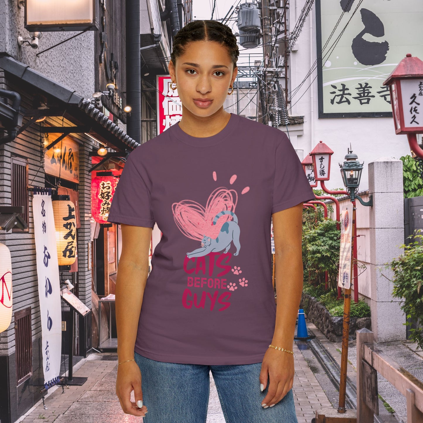 Cats Before Guys T-Shirt — Cute Heart & Playful Cat Graphic Tee