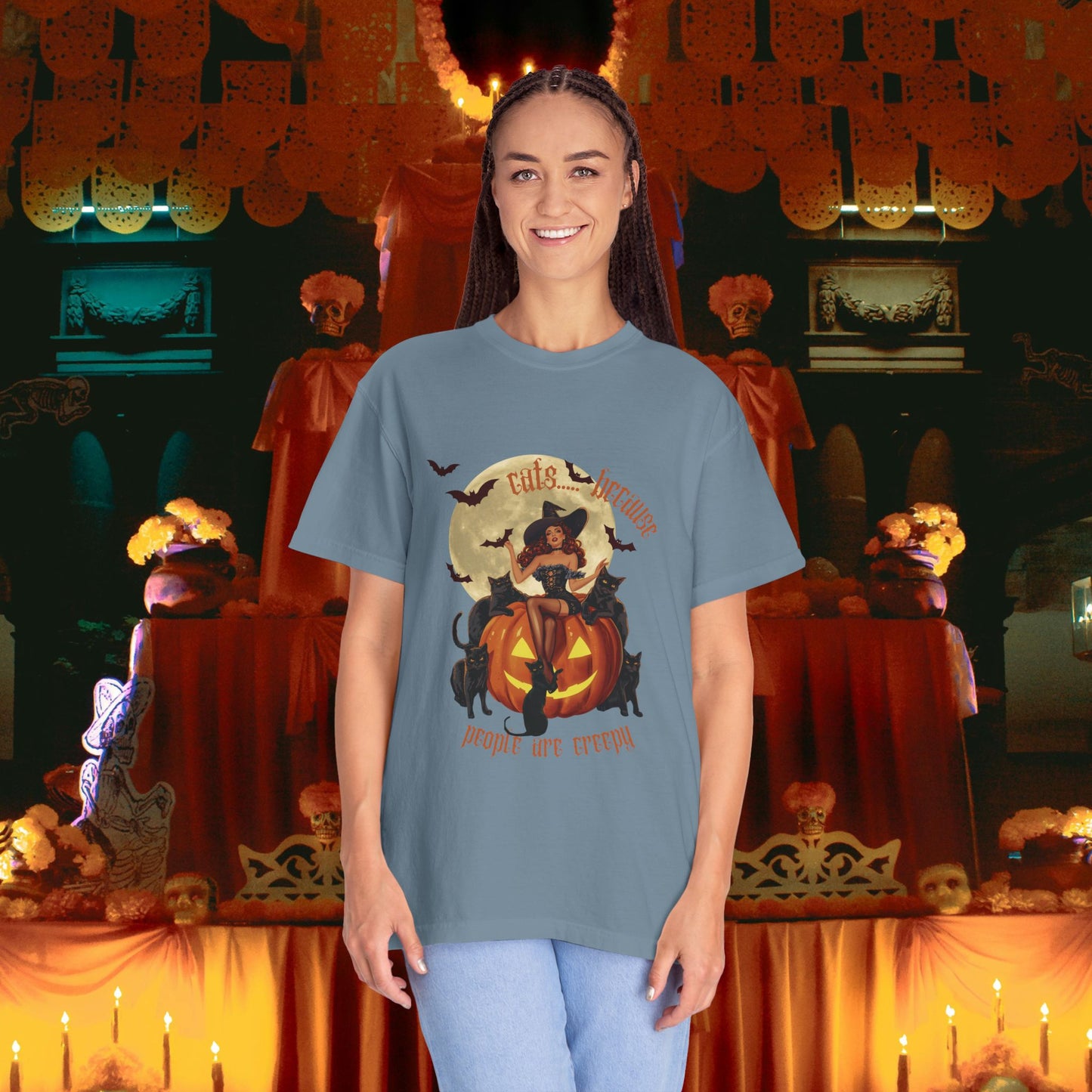 Witchy T-shirt with Cats Because People Are Creepy Phrase