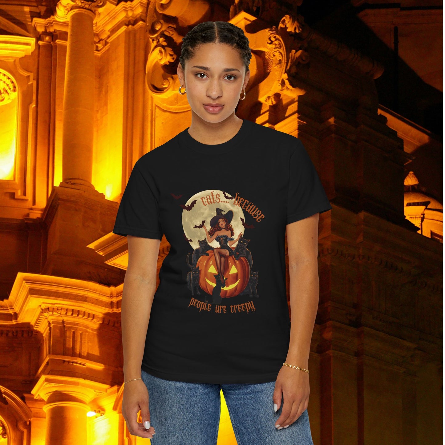 Witchy T-shirt with Cats Because People Are Creepy Phrase