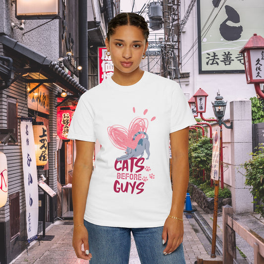 Cats Before Guys T-Shirt — Cute Heart & Playful Cat Graphic Tee