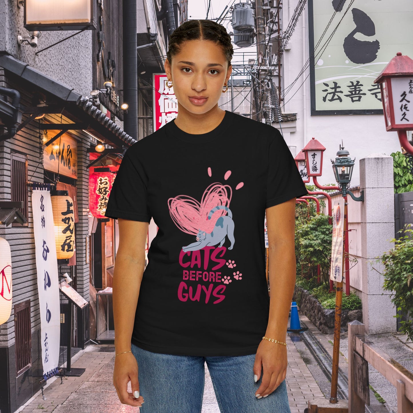 Cats Before Guys T-Shirt — Cute Heart & Playful Cat Graphic Tee